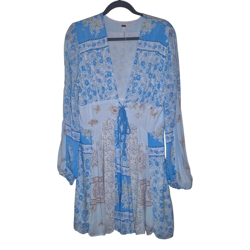 Free People 'Mixin It Up' Long Sleeve Mini Dress Bohemian Valley Girl Sz. L - Picture 2 of 5